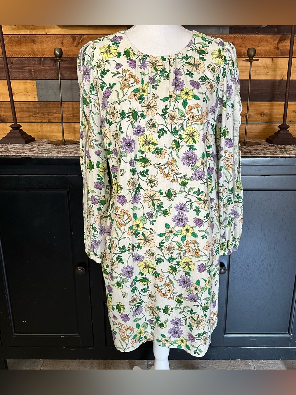 Loft Cream Floral Dress with Yellow & Purple Blooms